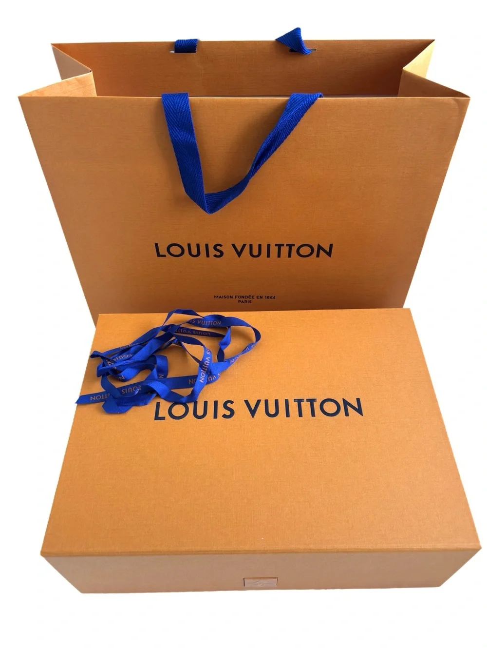 Louis Vuitton LV Orange Magnetic Gift Box and Shopping Bag w/Blue Ribbon Handles